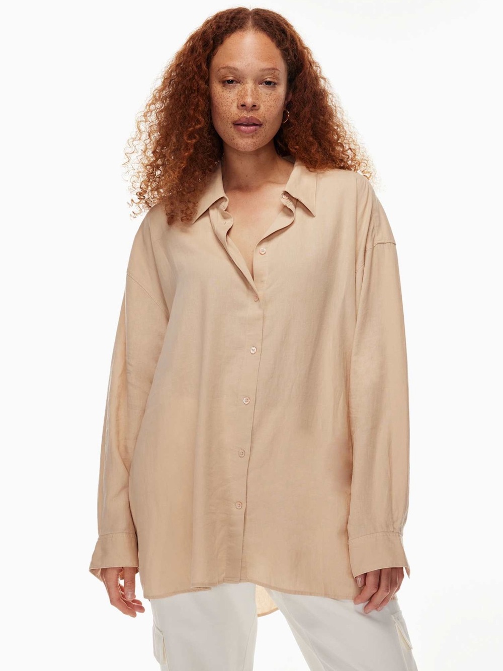 Aritzia Babaton Essential Linen Oversized Button Down Shirt Beige Size XS